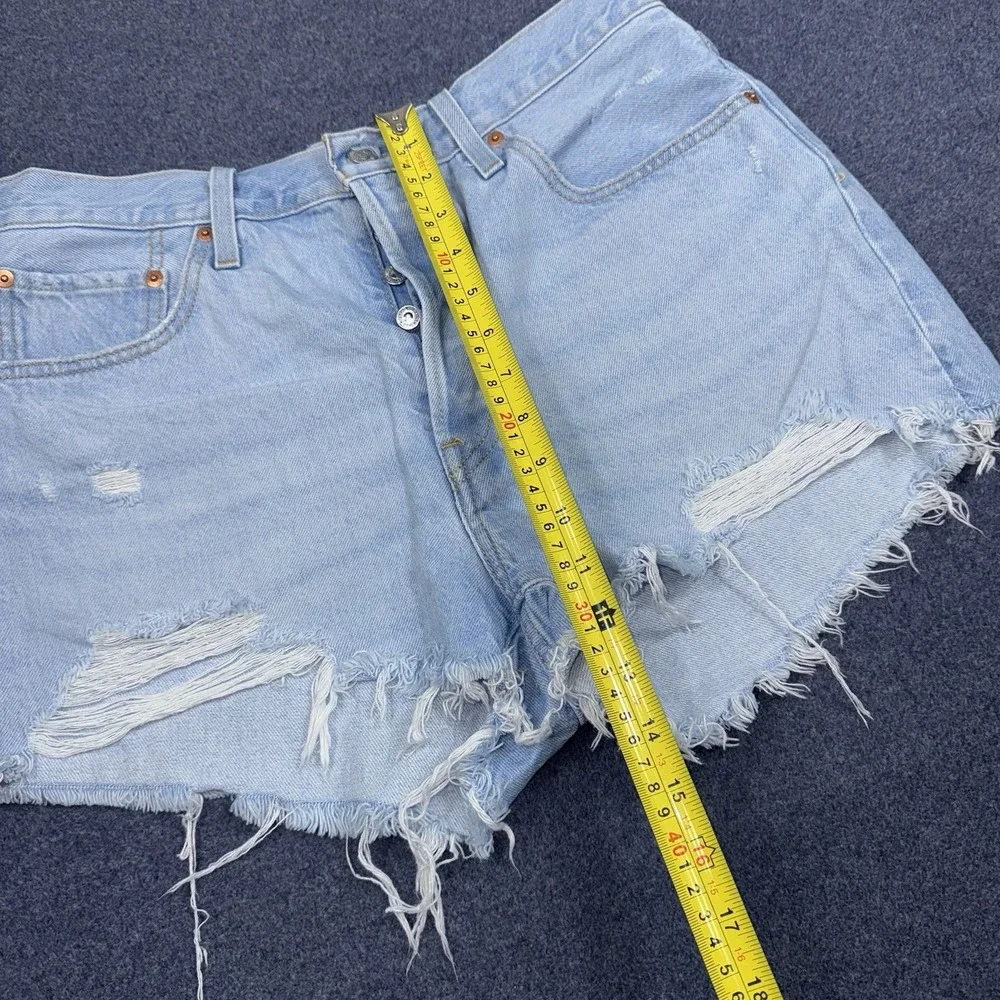 Levi's 501 Shorts Womens W32 Blue Denim High Rise Button Fly Distressed Cutoff
